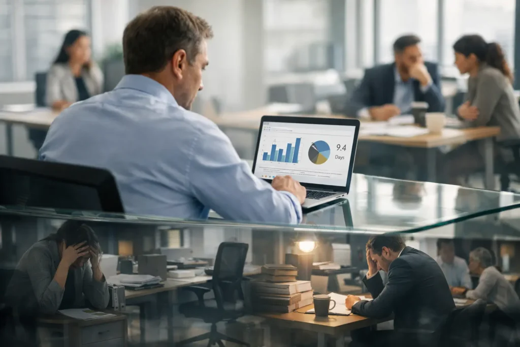Corporate office scene illustrating hidden costs of absenteeism with iceberg concept showing visible data and underlying team stress